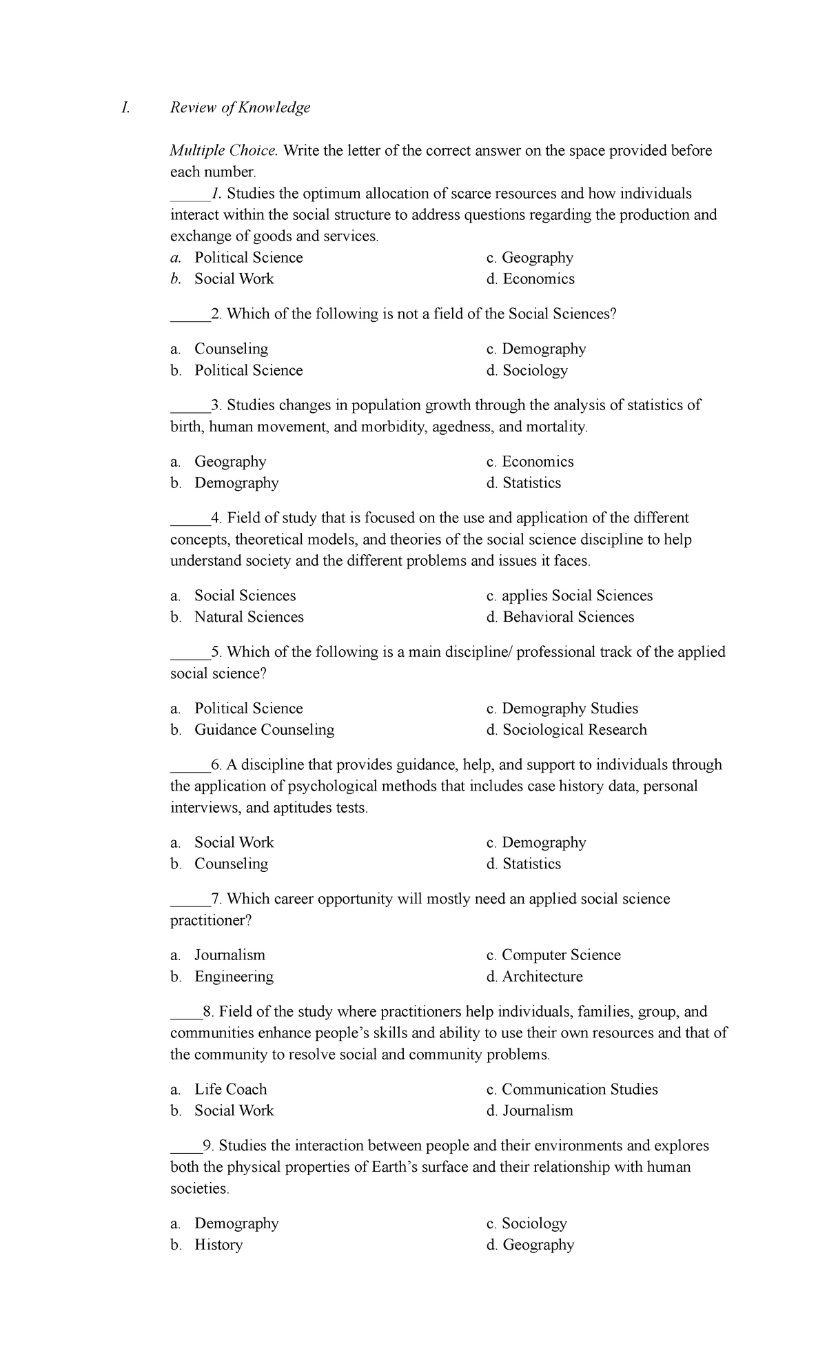 Diass - I. Review of Knowledge Multiple Choice. Write the letter of the ...