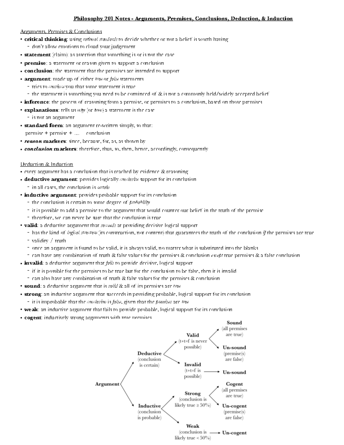 PHIL 201 Notes Arguments, Premises, Conclusions, Deduction