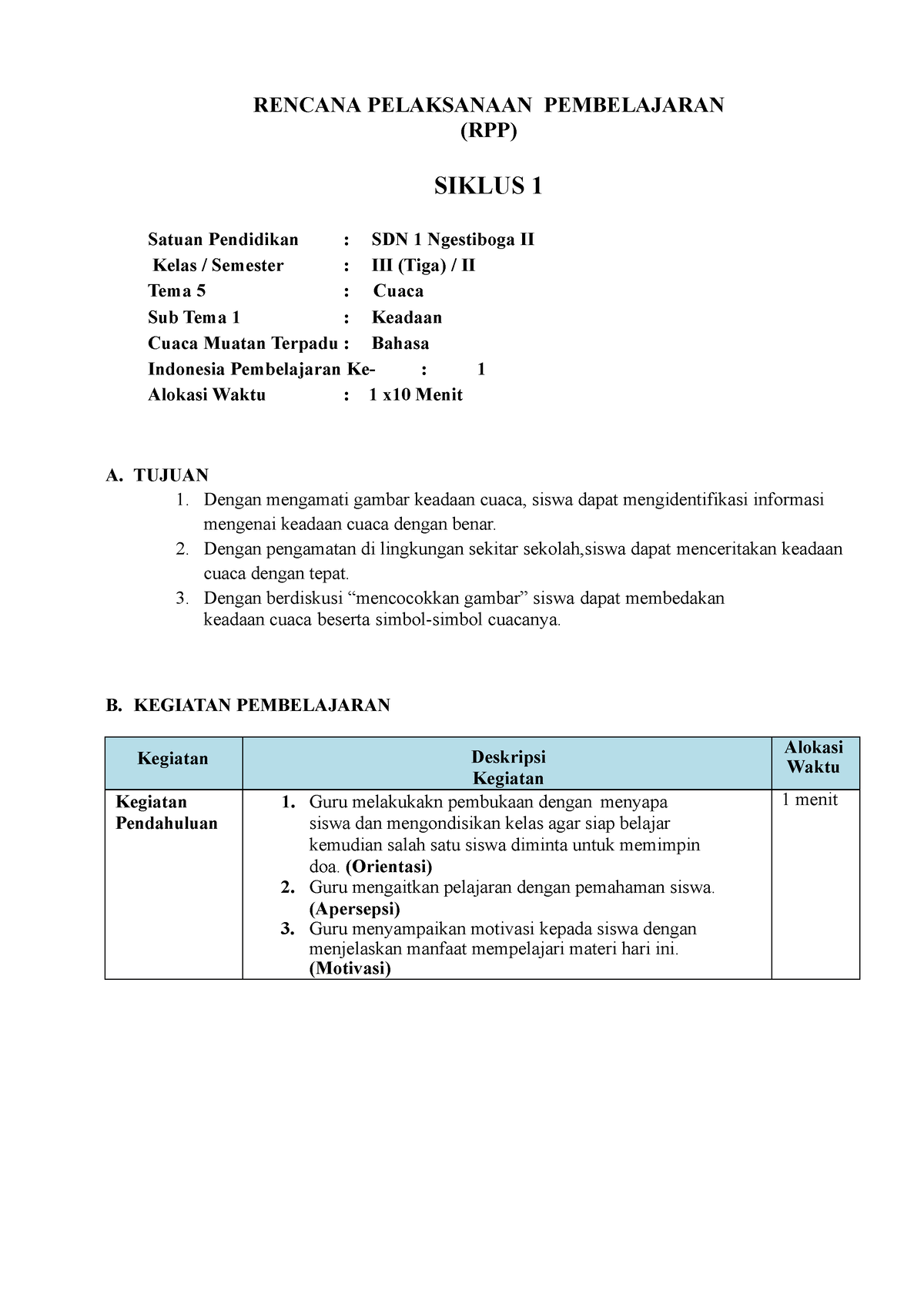 RPP Siklus 1 YENI - Good - RENCANA PELAKSANAAN PEMBELAJARAN (RPP ...