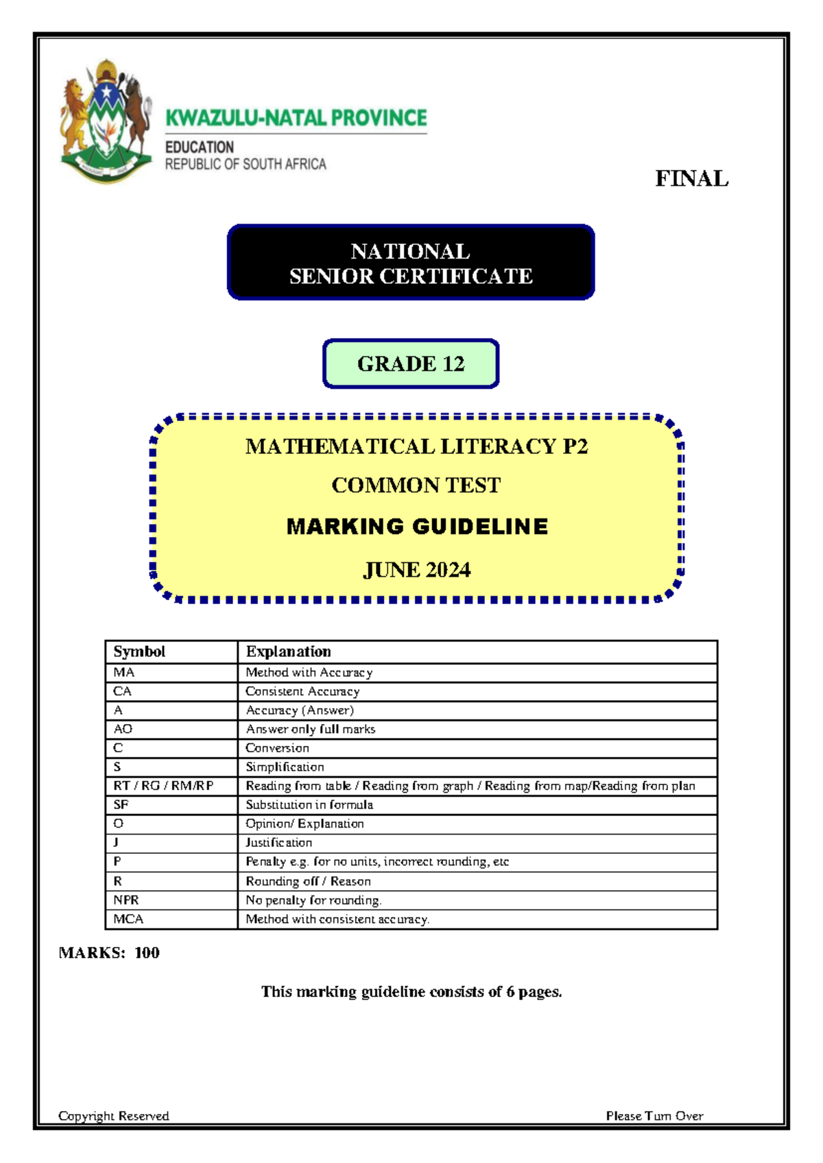 Mathematical Literacy P2 GR12 Final JUNE 2024 , Final MEMO - FINAL ...