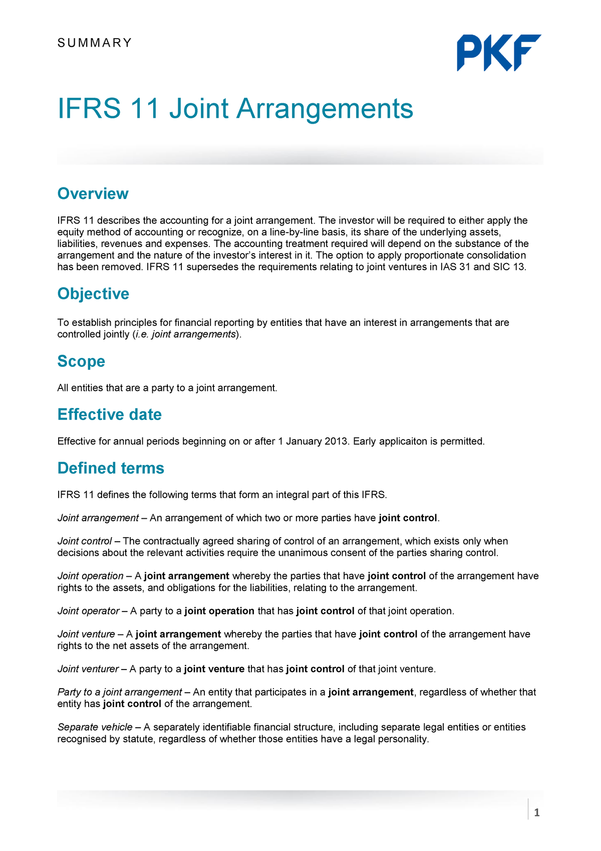 Ifrs 11 Joint Arrangements Summary - S U M M A R Y IFRS 11 Joint ...