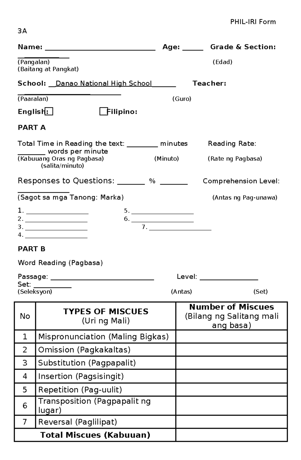 Scoresheets - Summary BS in Applied Mathematics - PHIL-IRI Form 3A Name ...