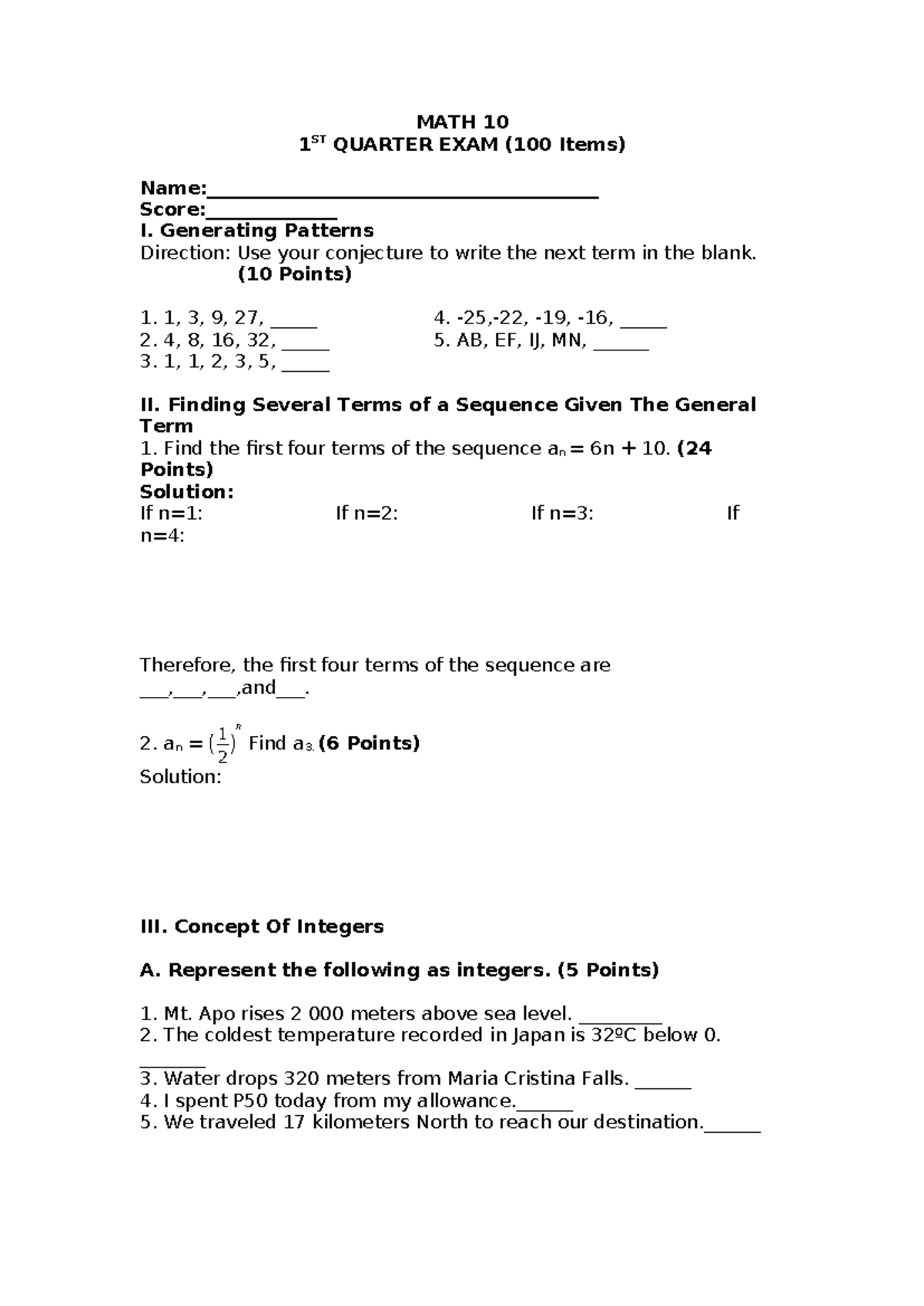 1st Quarter EXAM MATH 10 - MATH 10 1 ST QUARTER EXAM (100 Items) - Studocu