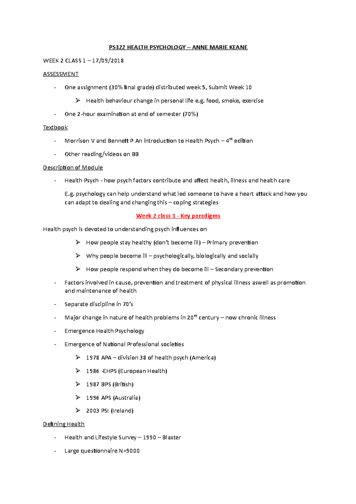 Introduction Class - PS322 HEALTH PSYCHOLOGY – ANNE MARIE KEANE WEEK 2 ...