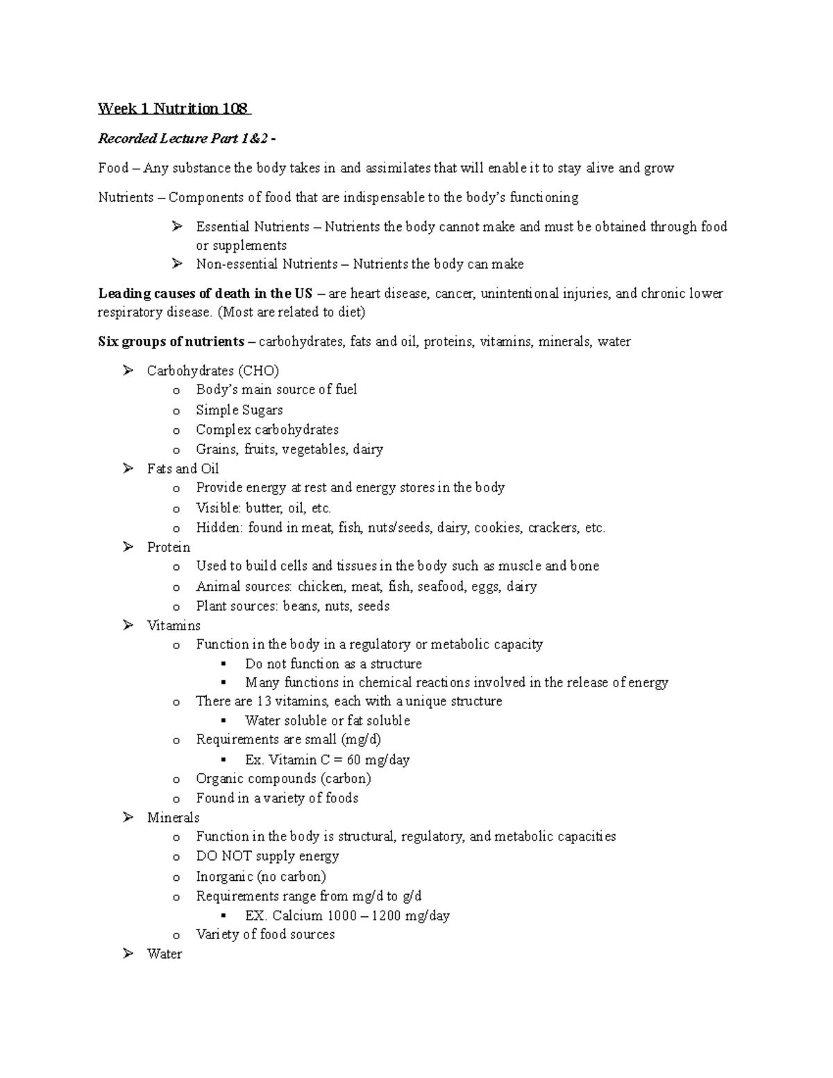 Week 1 - Nutrition 108 Notes - Week 1 Nutrition 108 Recorded Lecture ...