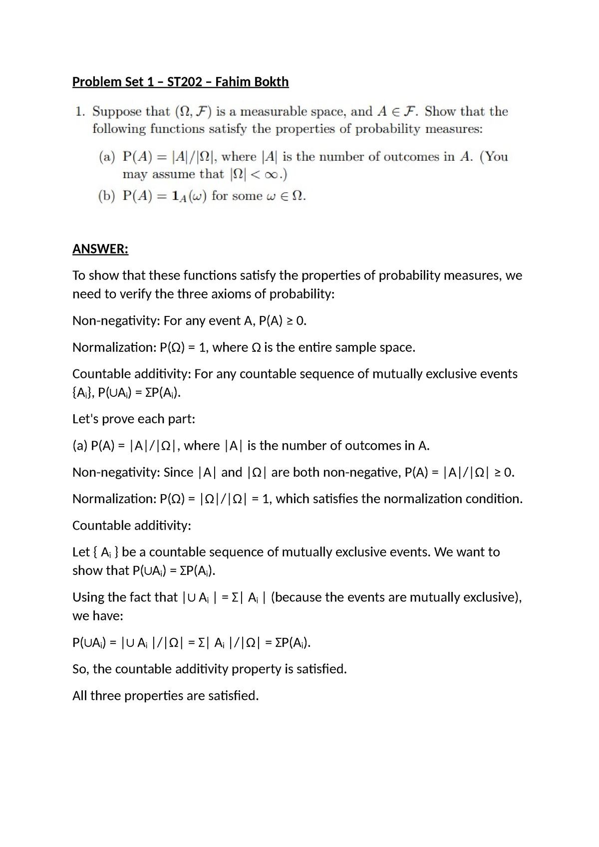 Exercise 1 ST202 - H.W - Problem Set 1 – ST202 – Fahim Bokth ANSWER: To ...