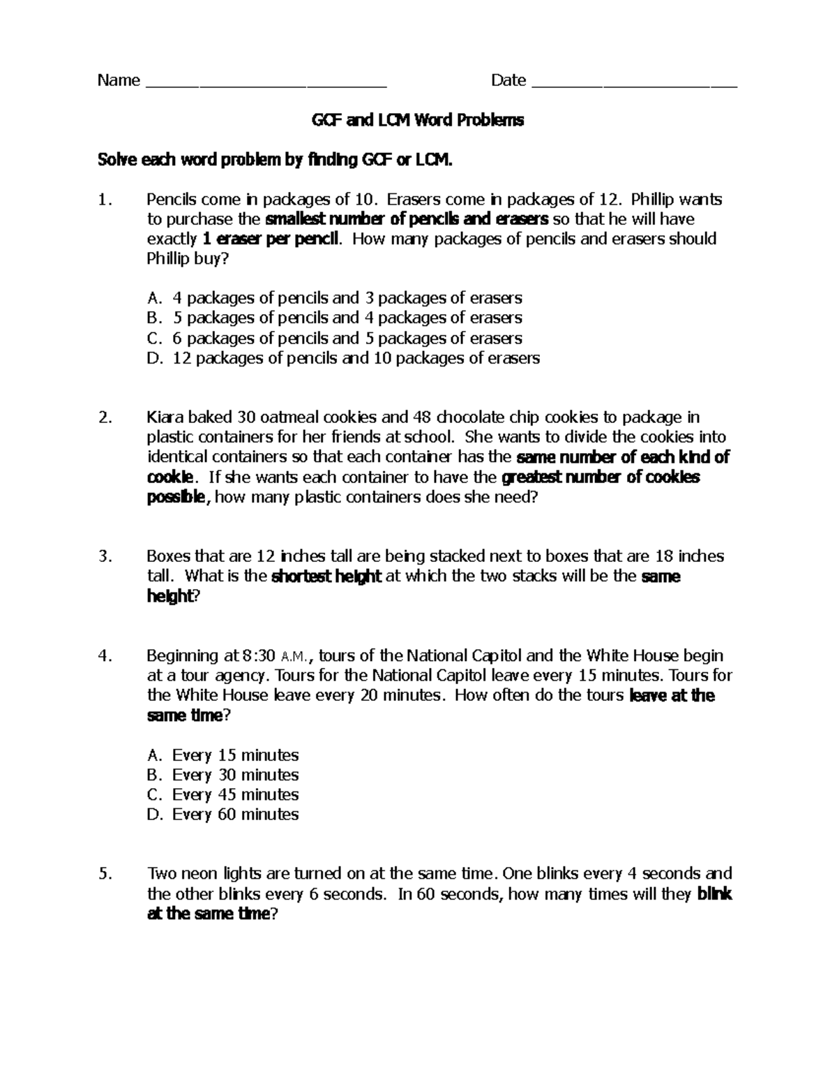 GCF and LCM Word Problems - Name Date GCF and - Studocu