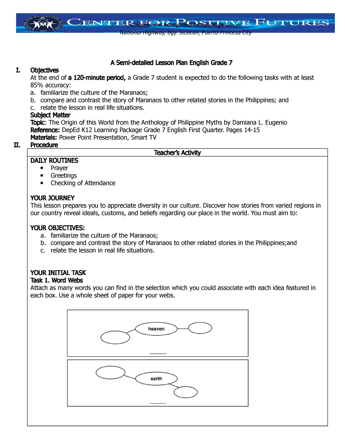 A Semi Detailed Lesson - A Semi-detailed Lesson Plan English Grade 7 I ...