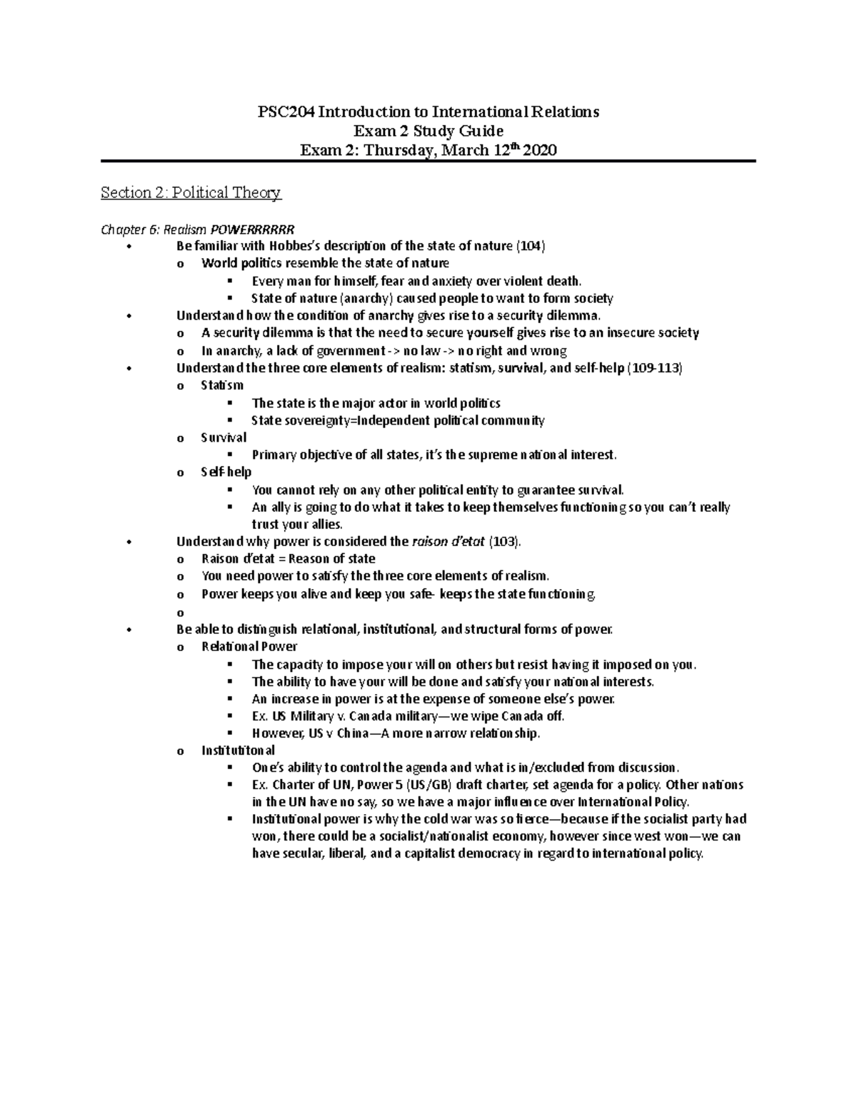 Exam 2 Study Guide - PSC204 Introduction to International Relations ...