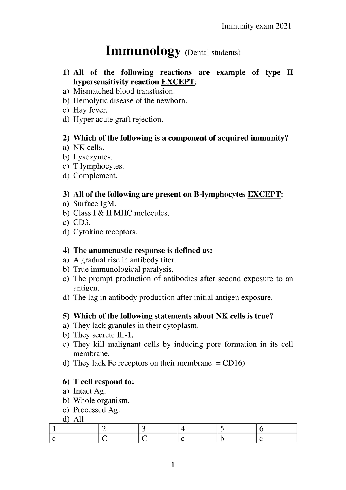 Immunity 2021 MCQs (Revision 1) Asnan - Immunology (Dental Students ...