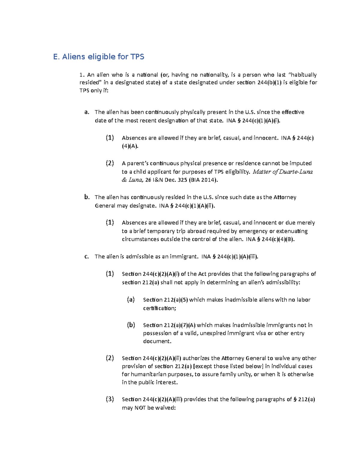 Immigration law m57 - E. Aliens eligible for TPS An alien who is a ...
