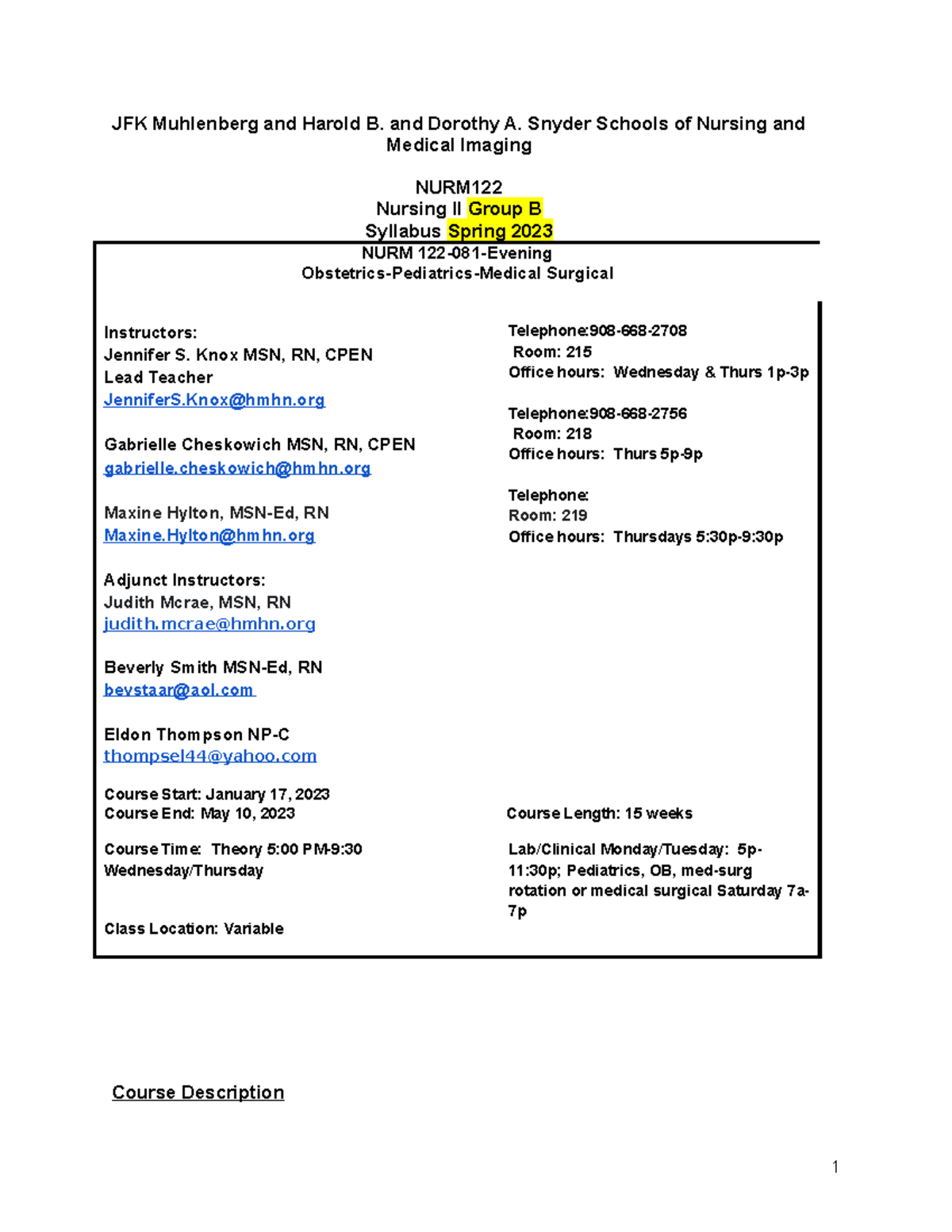 N122 Spring Evening 2023 Syllabus B - JFK Muhlenberg And Harold B. And ...