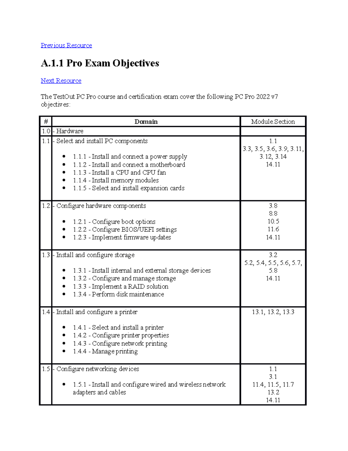 Testoutsections Testout PC Pro Previous Resource A.1 Pro Exam