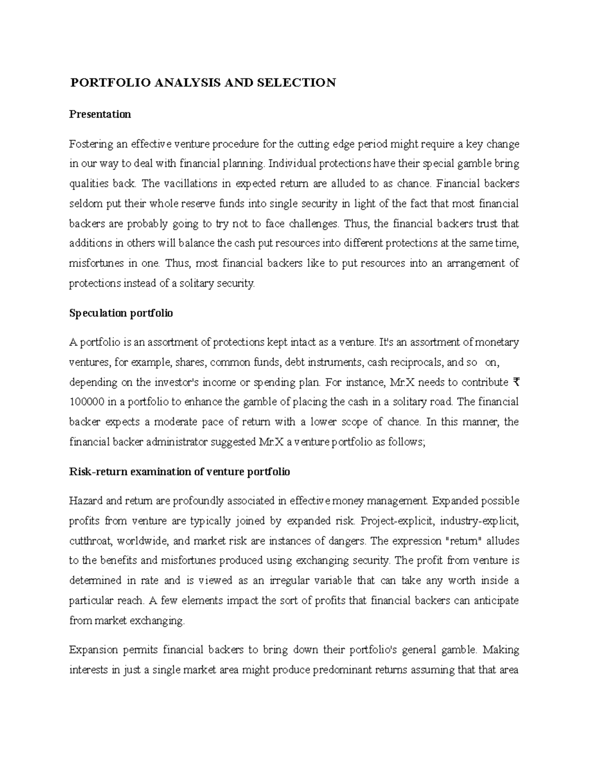 Portfolio Analysis AND Selection PORTFOLIO ANALYSIS AND SELECTION