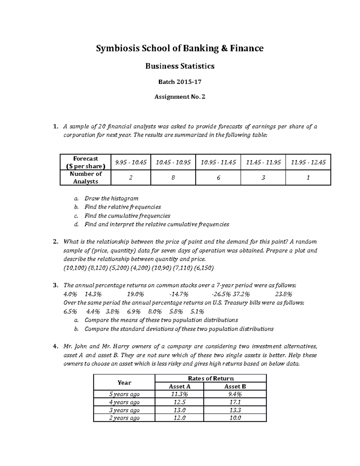 B Stats Assignment 2 - Symbiosis School of Banking & Finance Business ...