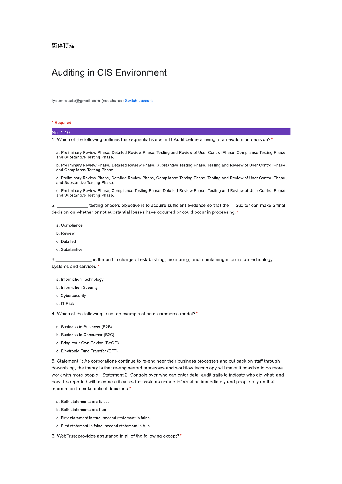 Auditing Midterm - 窗体顶端 Auditing In CIS Environment Lycamrosete@gmail ...