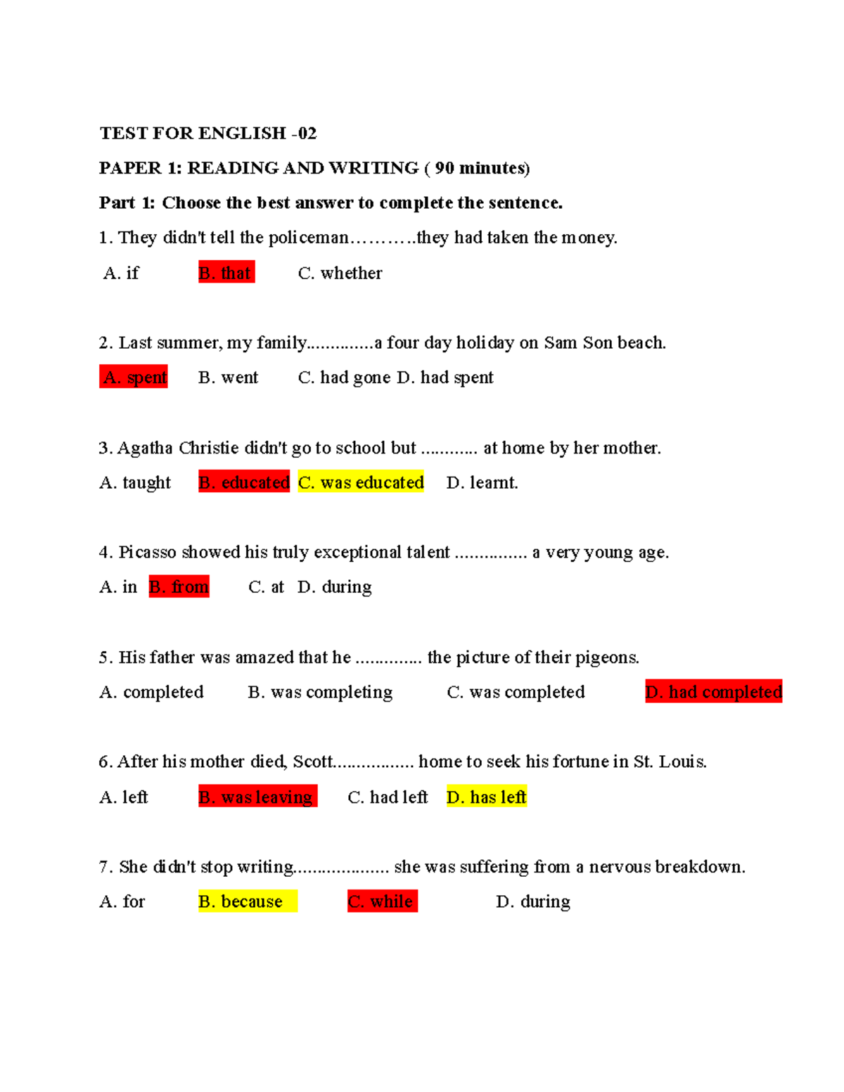 Read eng TEST FOR ENGLISH PAPER 1 READING AND WRITING ( 90