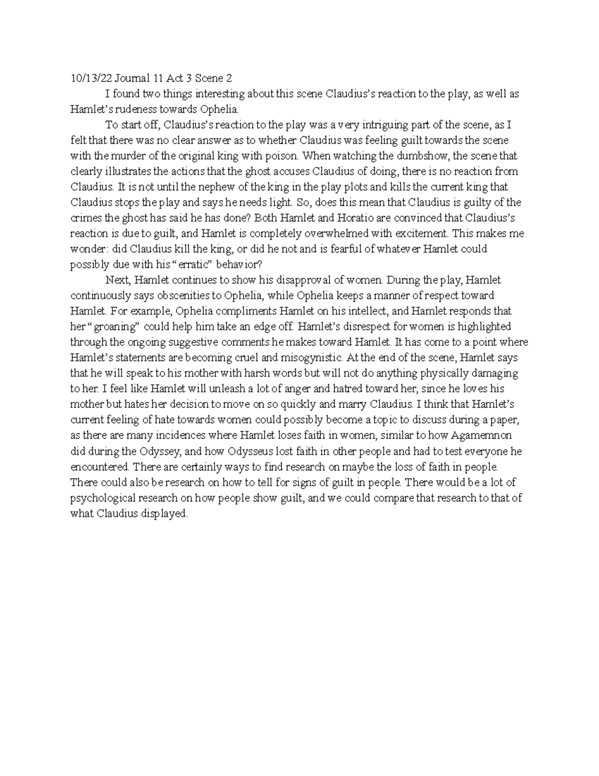 Journal Entry Shakespeare Hamlet Act 3 Scene 2 10/13/22 Journal 11