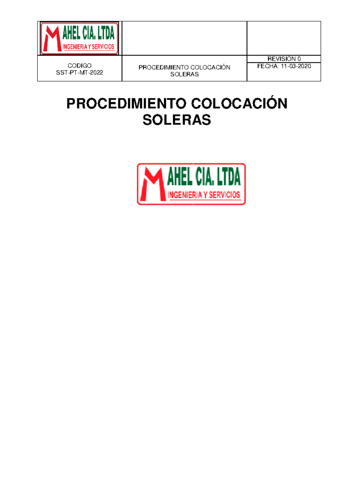 Procedimiento Colocación Soleras - Mahel - CODIGO SST-PT-MT- 2022 ...