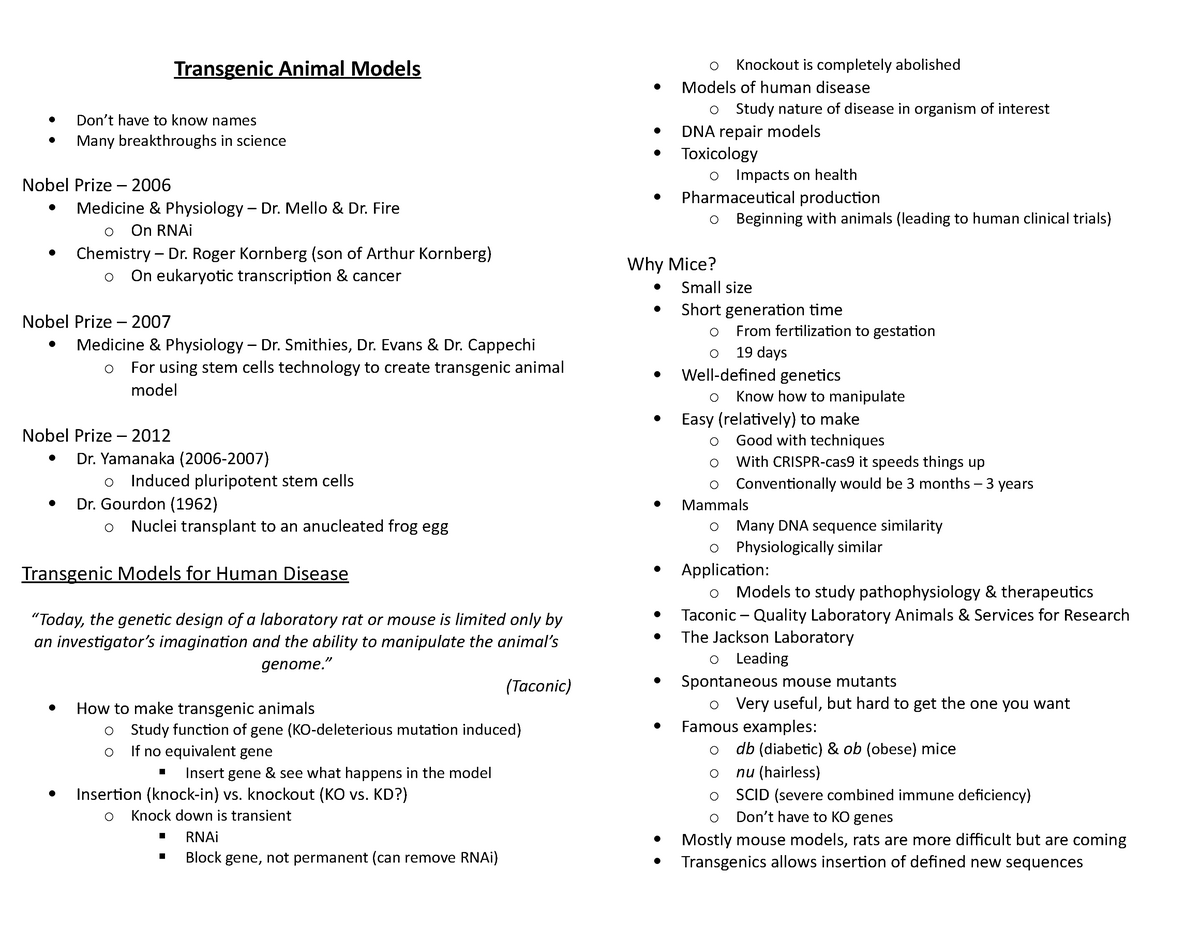 Transgenic Animal Models Biol401a Studocu