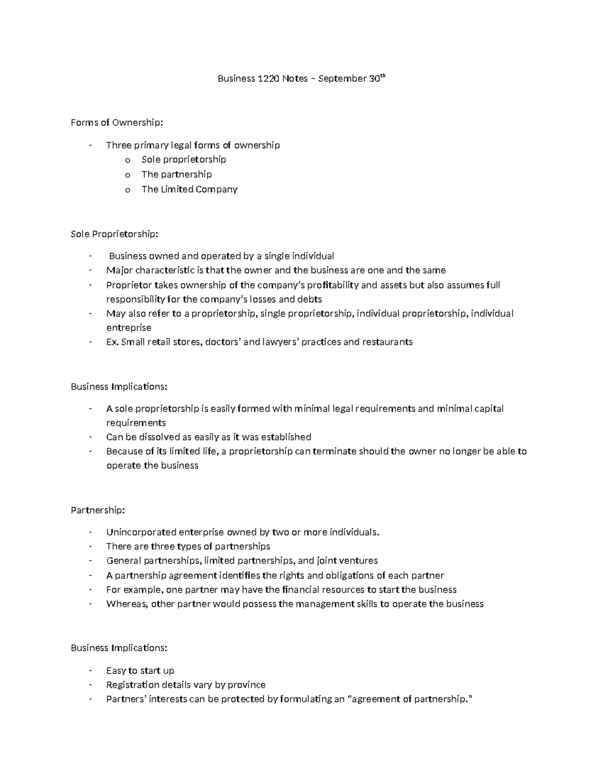 BUS 1220 Notes September 30th - Business 1220 Notes – September 30th ...