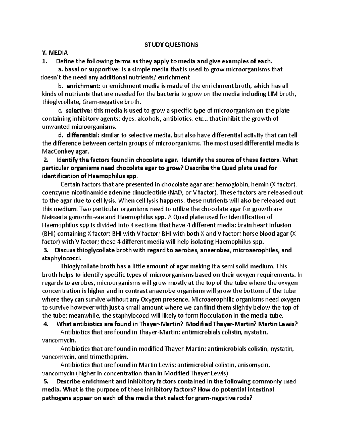 Study Questions Microbiology media, sterilization and disinfection