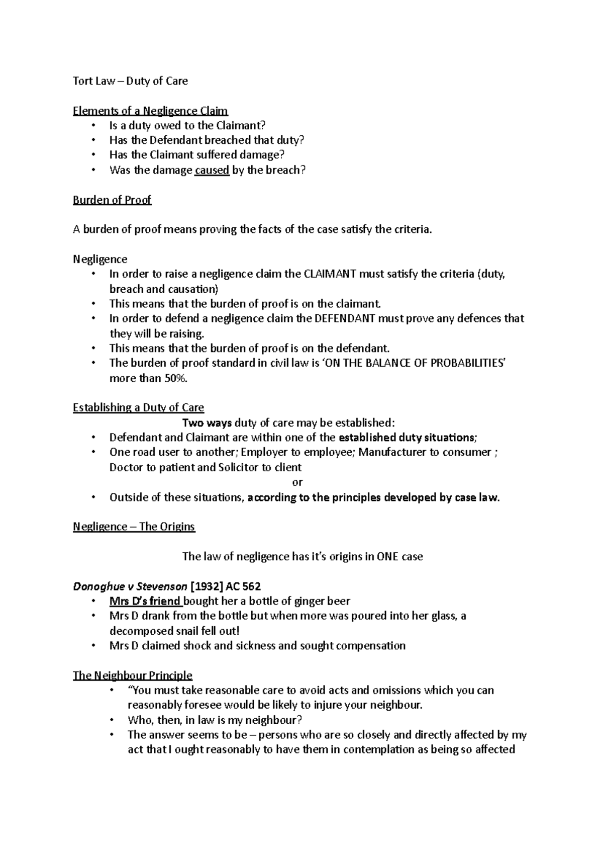 Duty of Care Notes Tort Law - Tort Law – Duty of Care Elements of a ...