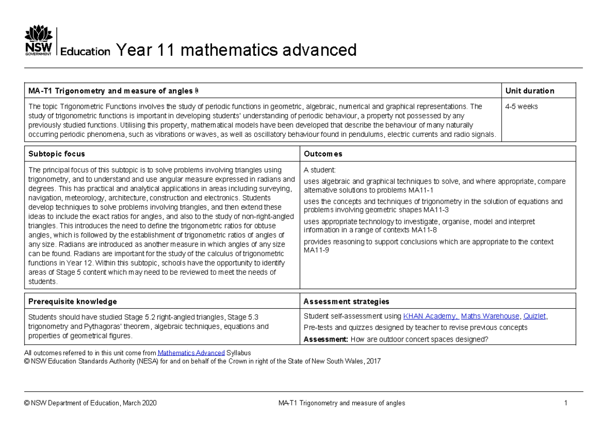 Ma t1 trigonometry and measure of angles - Year 11 mathematics advanced ...
