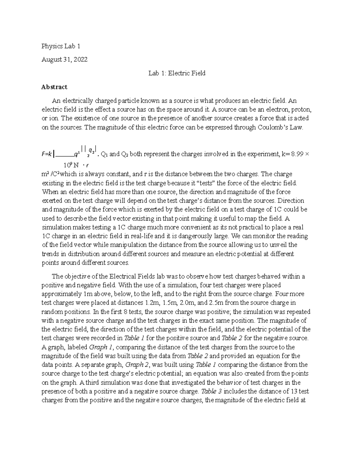 Physics II Lab1 - Physics Lab 1 August 31, 2022 Lab 1: Electric Field ...