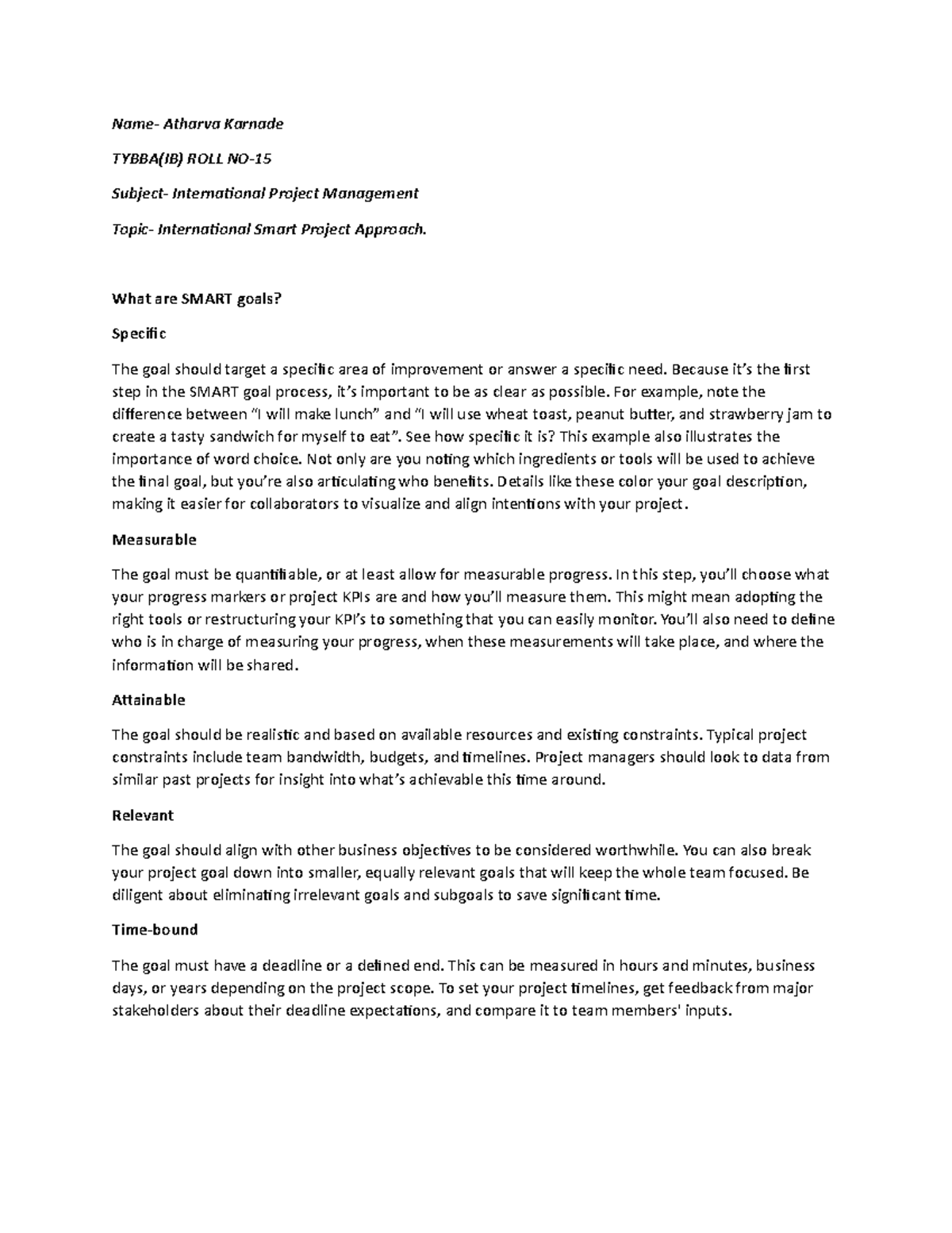 International Project management assignment SMART approach - Name ...