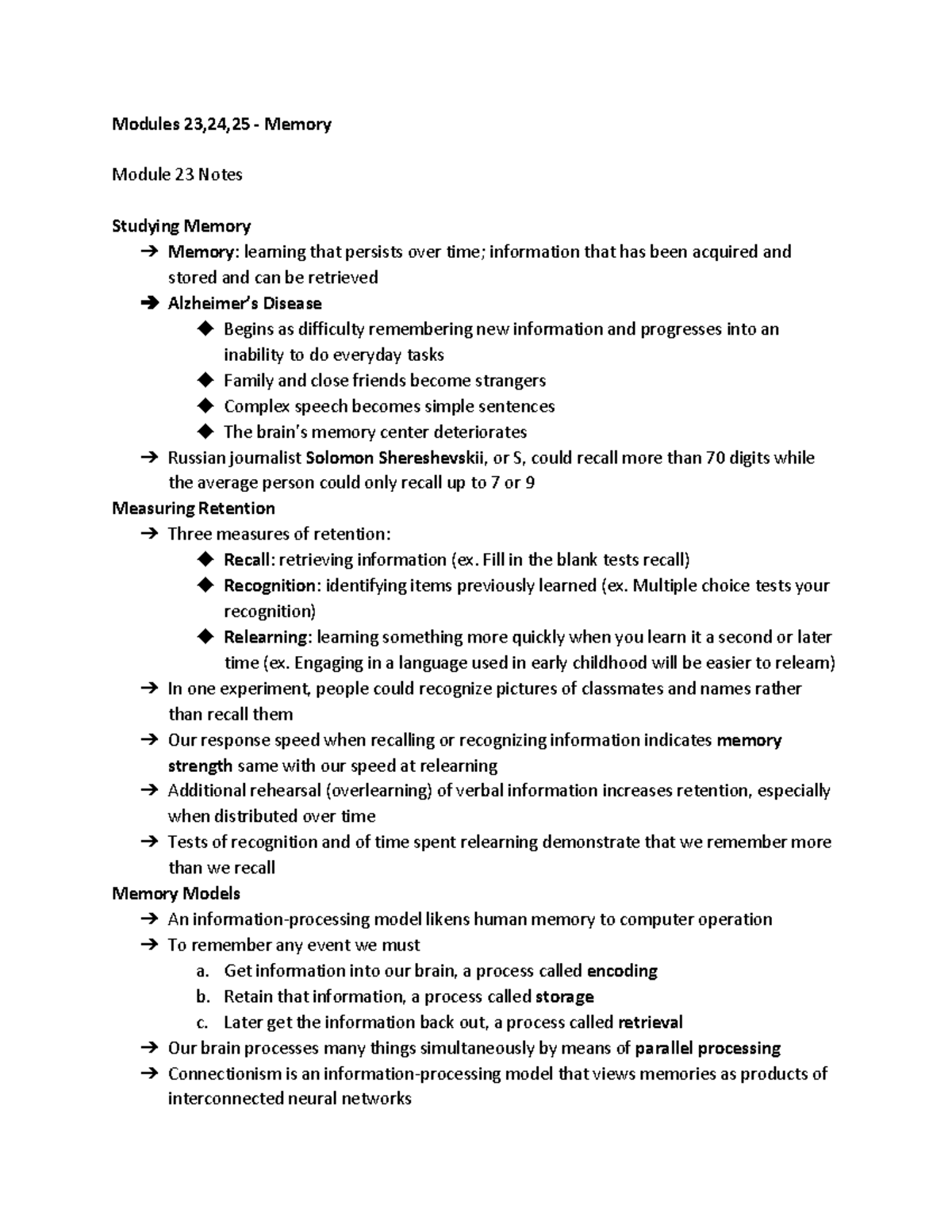 Modules 23,24,25 - Textbook notes - Modules 23,24,25 - Memory Module 23 ...
