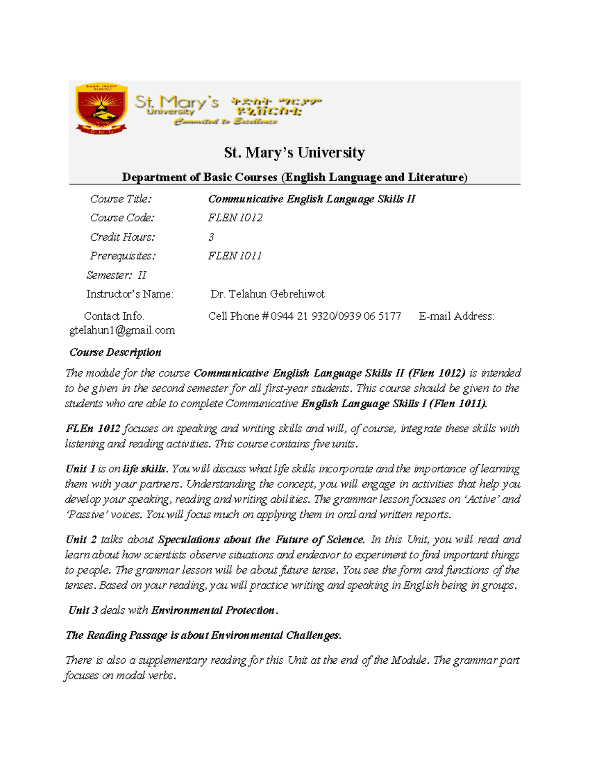 Communicative Eng. II Course Outline 2015 - St. Mary’s University ...