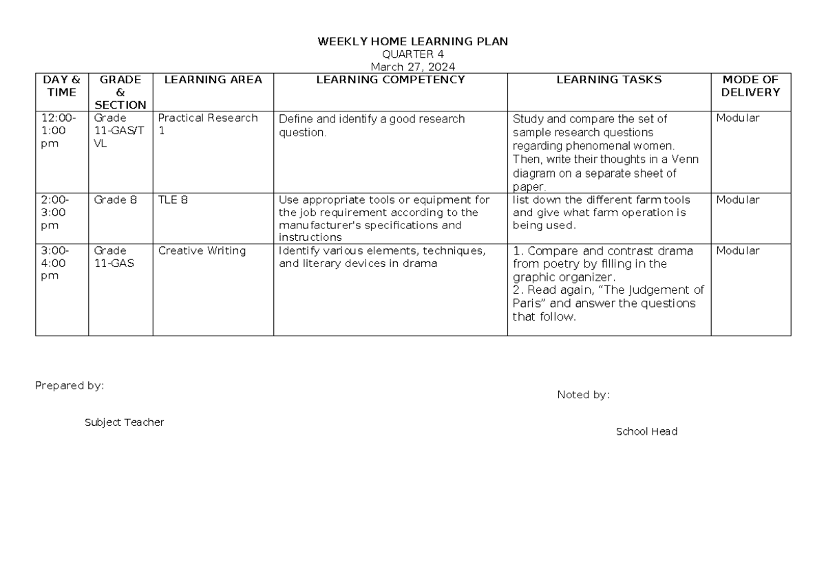 Weekly HOME Learning PLAN - WEEKLY HOME LEARNING PLAN QUARTER 4 March ...