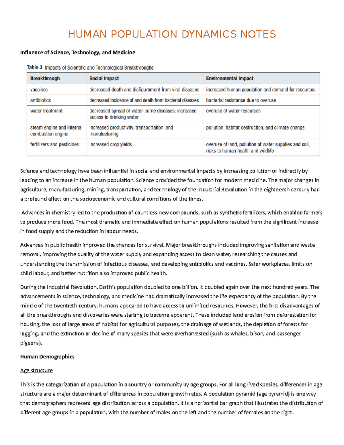 Human Population Dynamics Notes HUMAN POPULATION DYNAMICS NOTES
