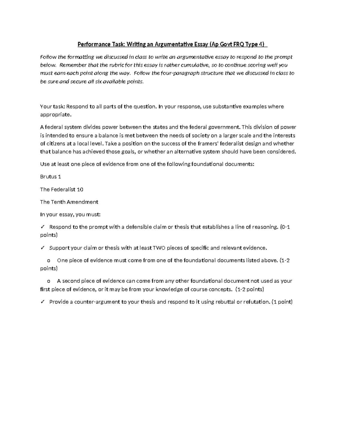 Perormance+Task++FRQ+Essay - Performance Task: Writing an Argumentative ...