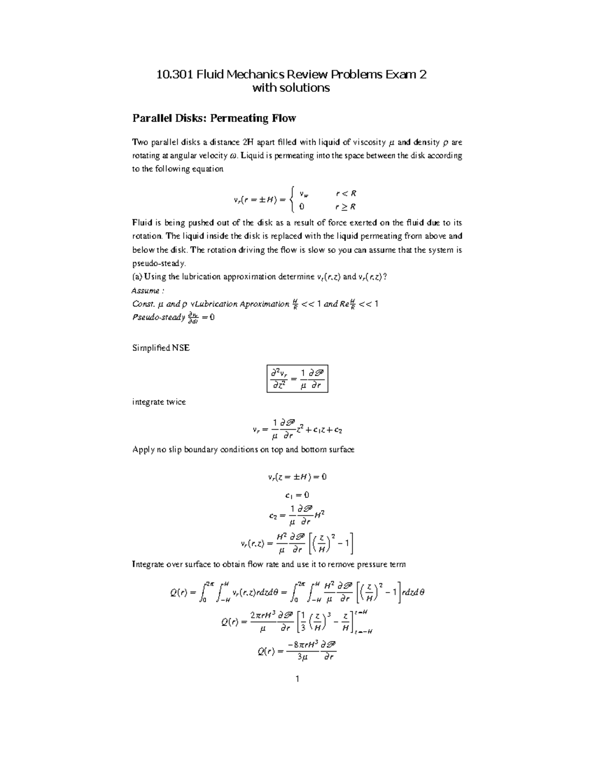 10.301 Fluid Mechanics Review Problems Exam 2 with solutions Parallel