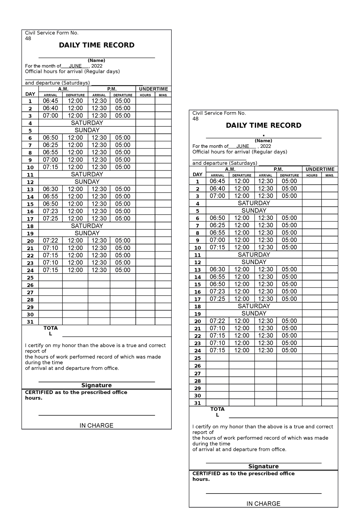 Dtr June Dtr Civil Service Form No 48 Daily Time Record Name For