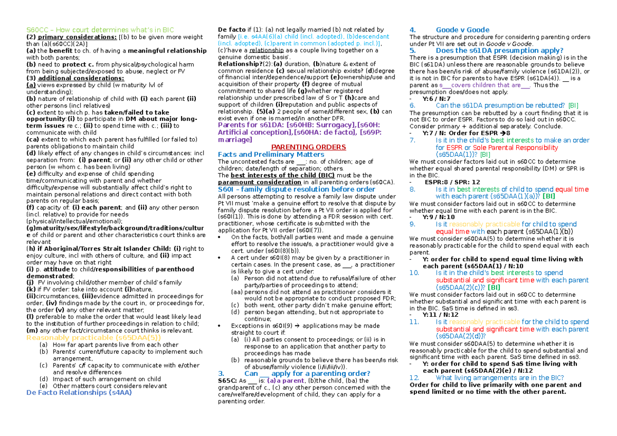 Cheat Sheet Final - S60cc How Court Determines In Bic (2) Primary 