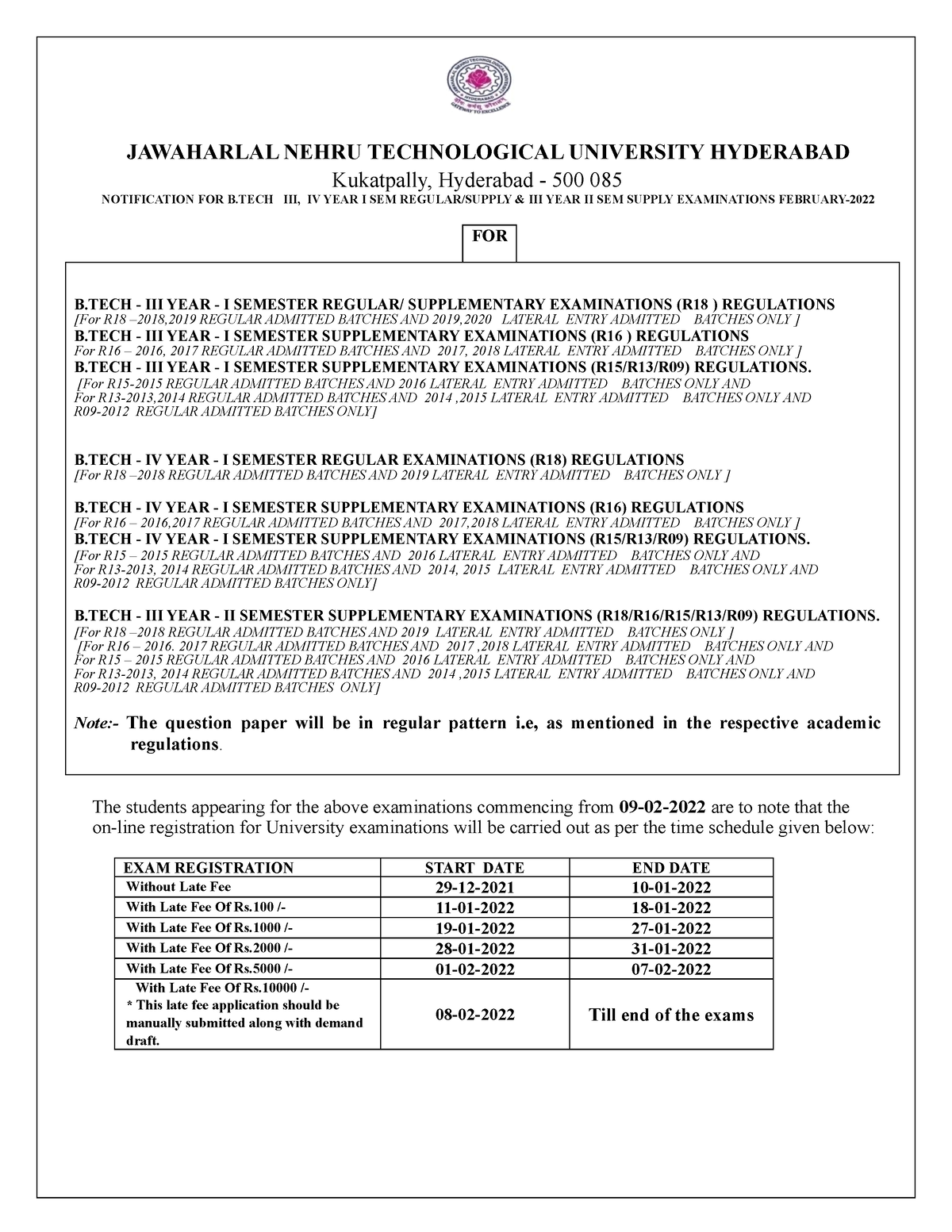 Jntuh EXAM Notification FEB 2022 - JAWAHARLAL NEHRU TECHNOLOGICAL ...