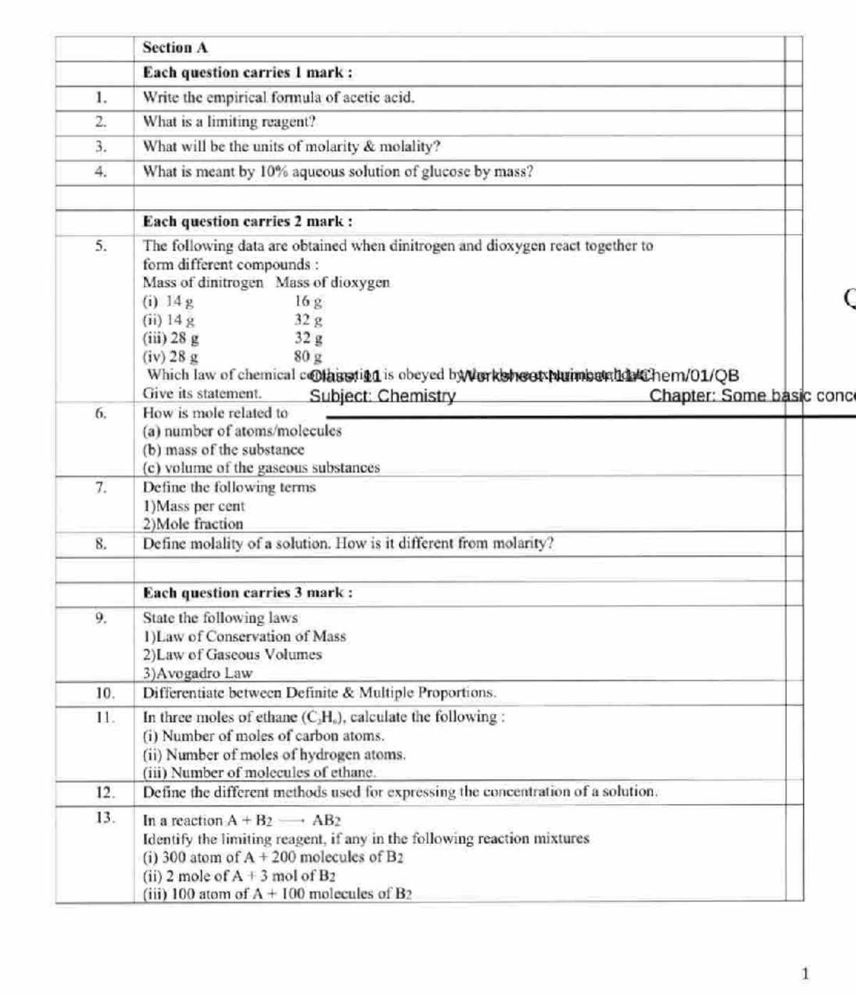 Some basic concepts of chemistry part (1) Questions - Section A Eac h ...