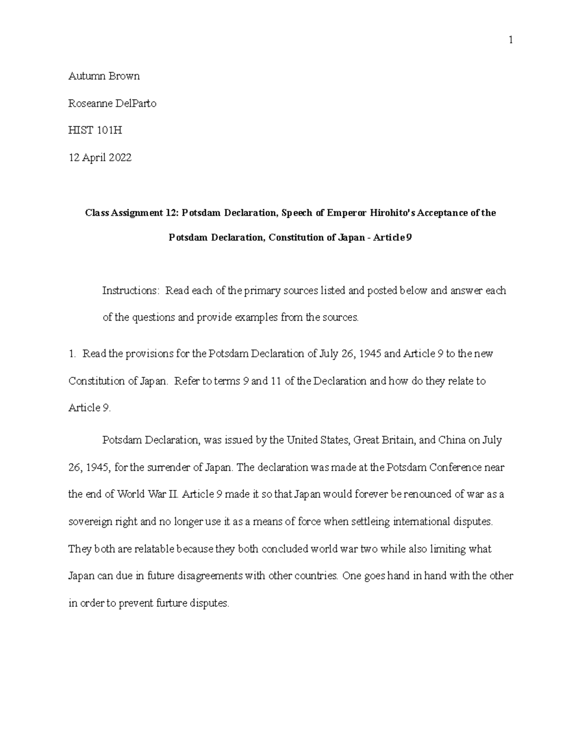 Class Assignment 12 Potsdam Declaration Constituion of Japan Article