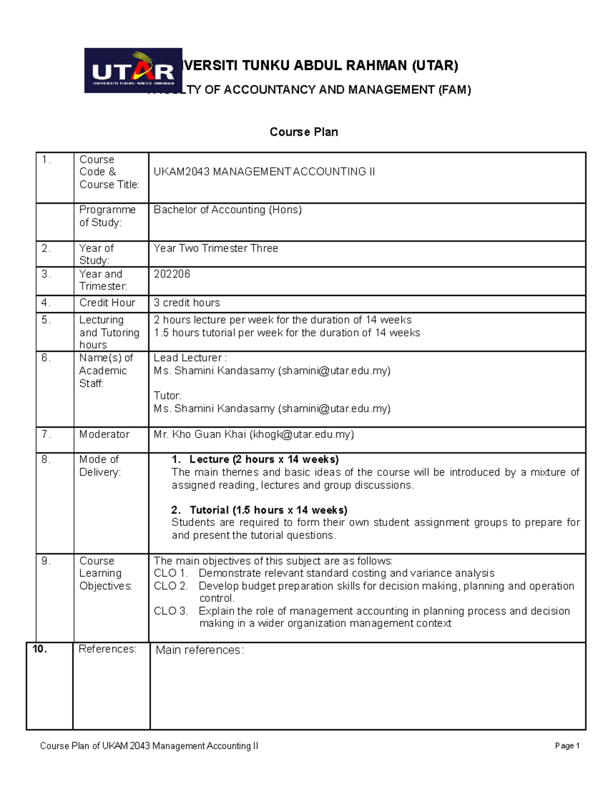 Course Plan June 2022 - UNIVERSITI TUNKU ABDUL RAHMAN (UTAR) FACULTY OF ...