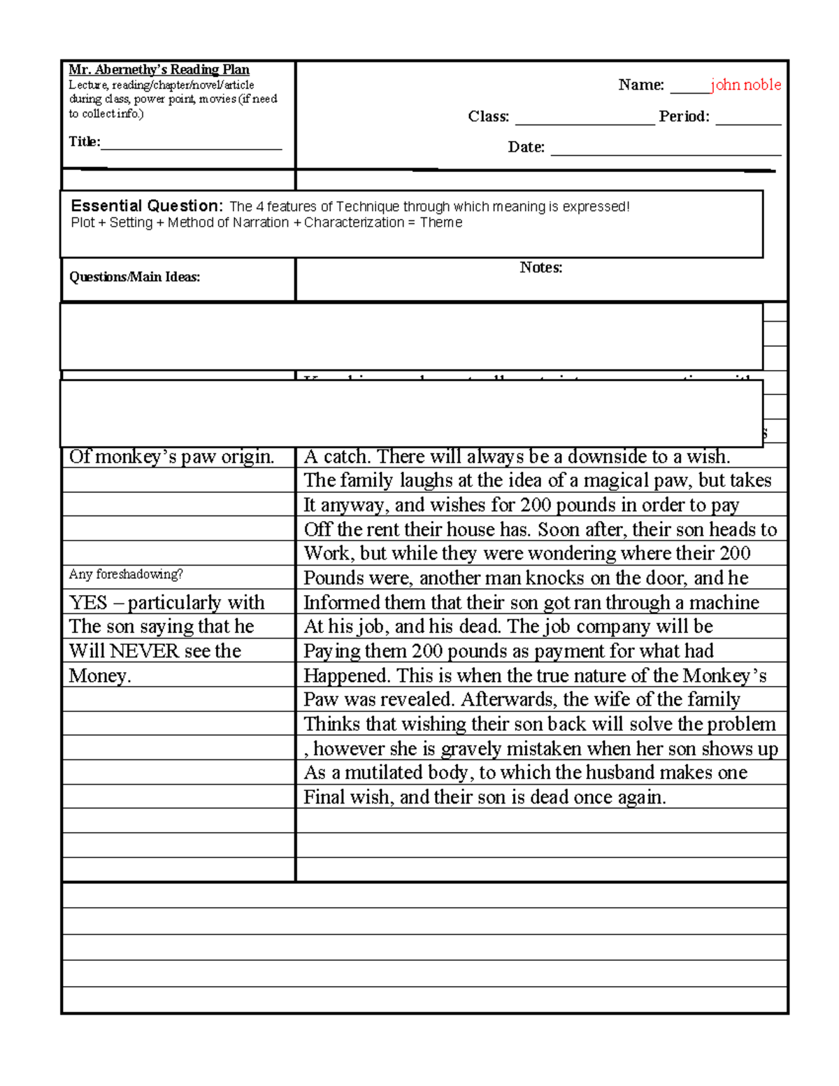 Reading Plan Note Template 4 pages - Mr. Abernethy’s Reading Plan ...