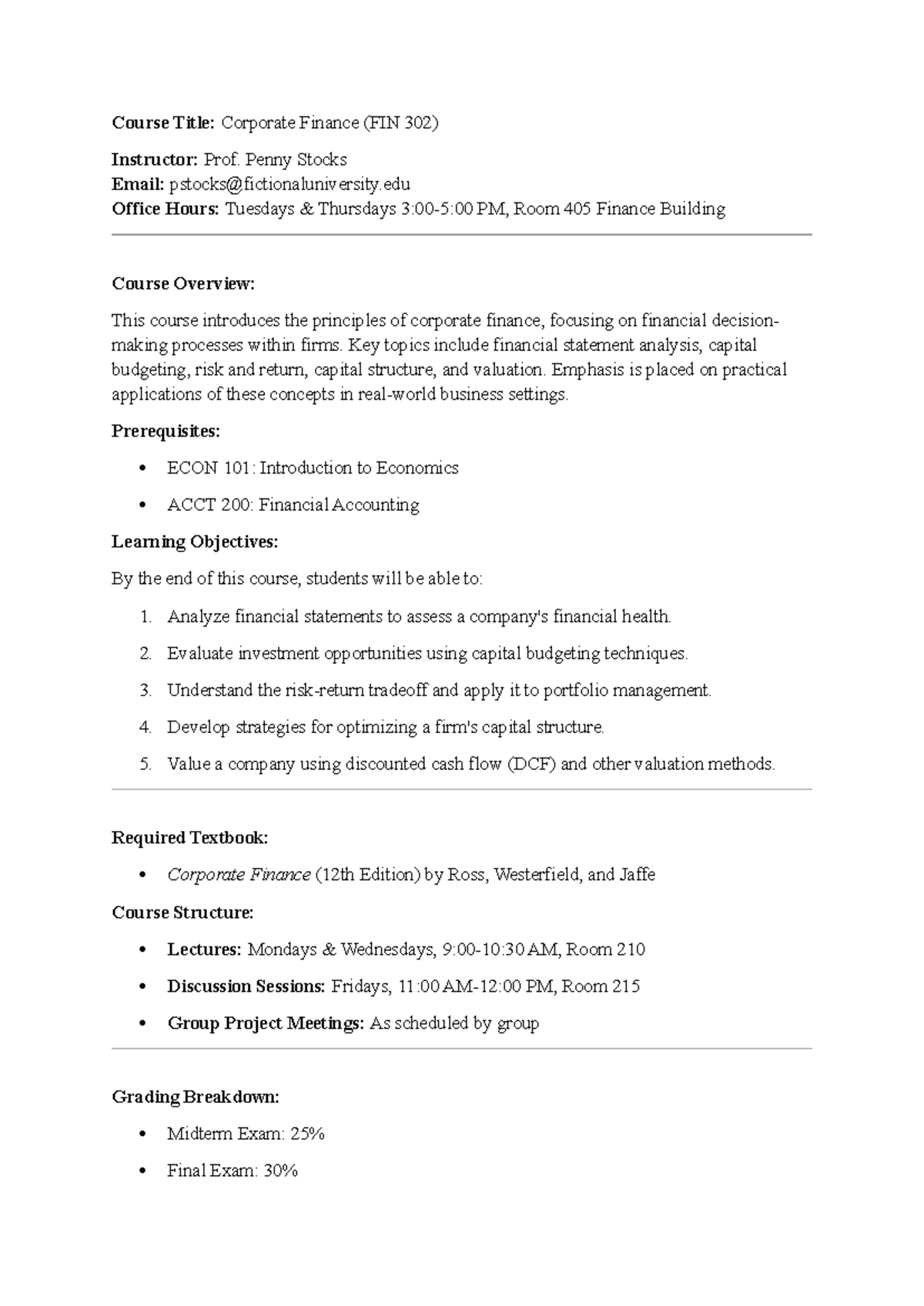Finance Syllabus - Course Title: Corporate Finance (FIN 302) Instructor ...