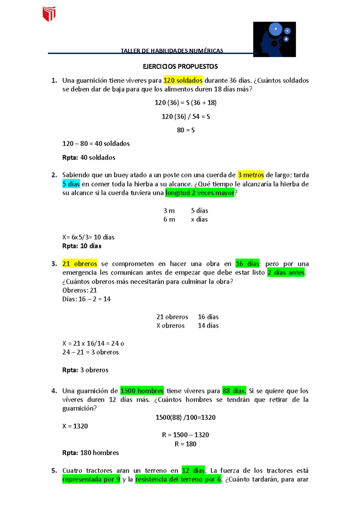 M1- Ejercicios Propuestos - Resuelto - TALLER DE HABILIDADES NUMÉRICAS ...