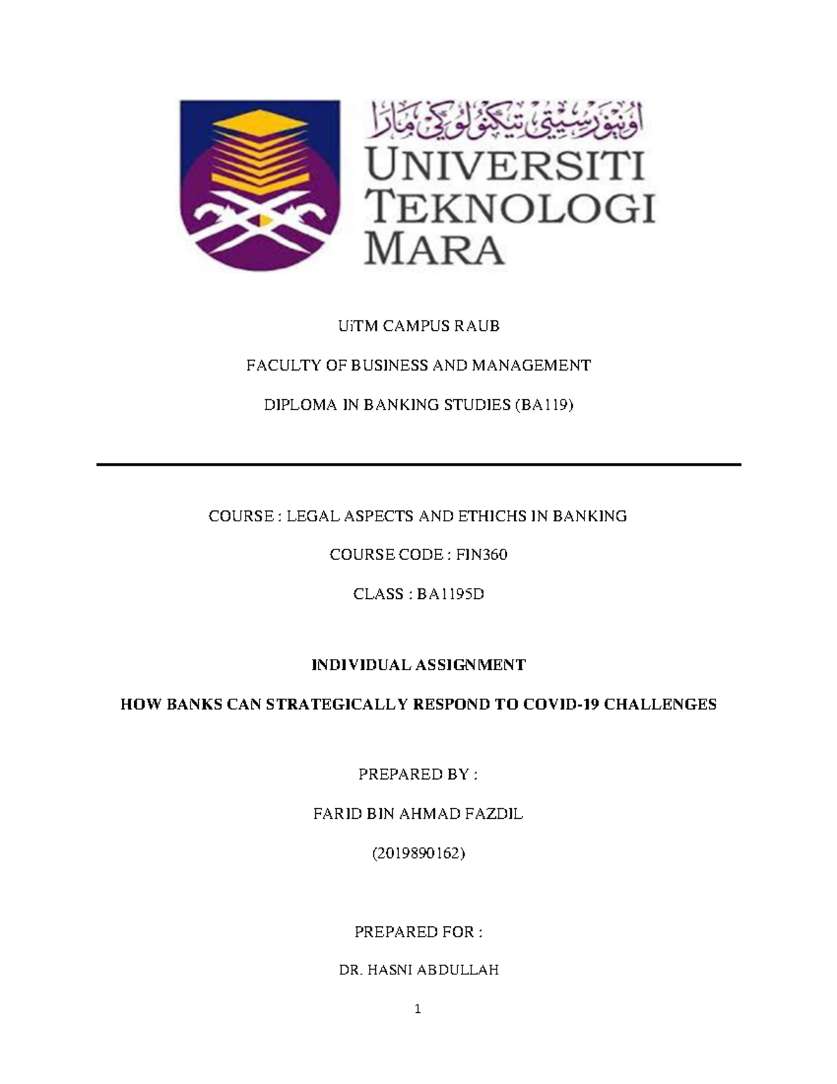 Individual Assignment FIN360 - UiTM CAMPUS RAUB FACULTY OF BUSINESS AND ...