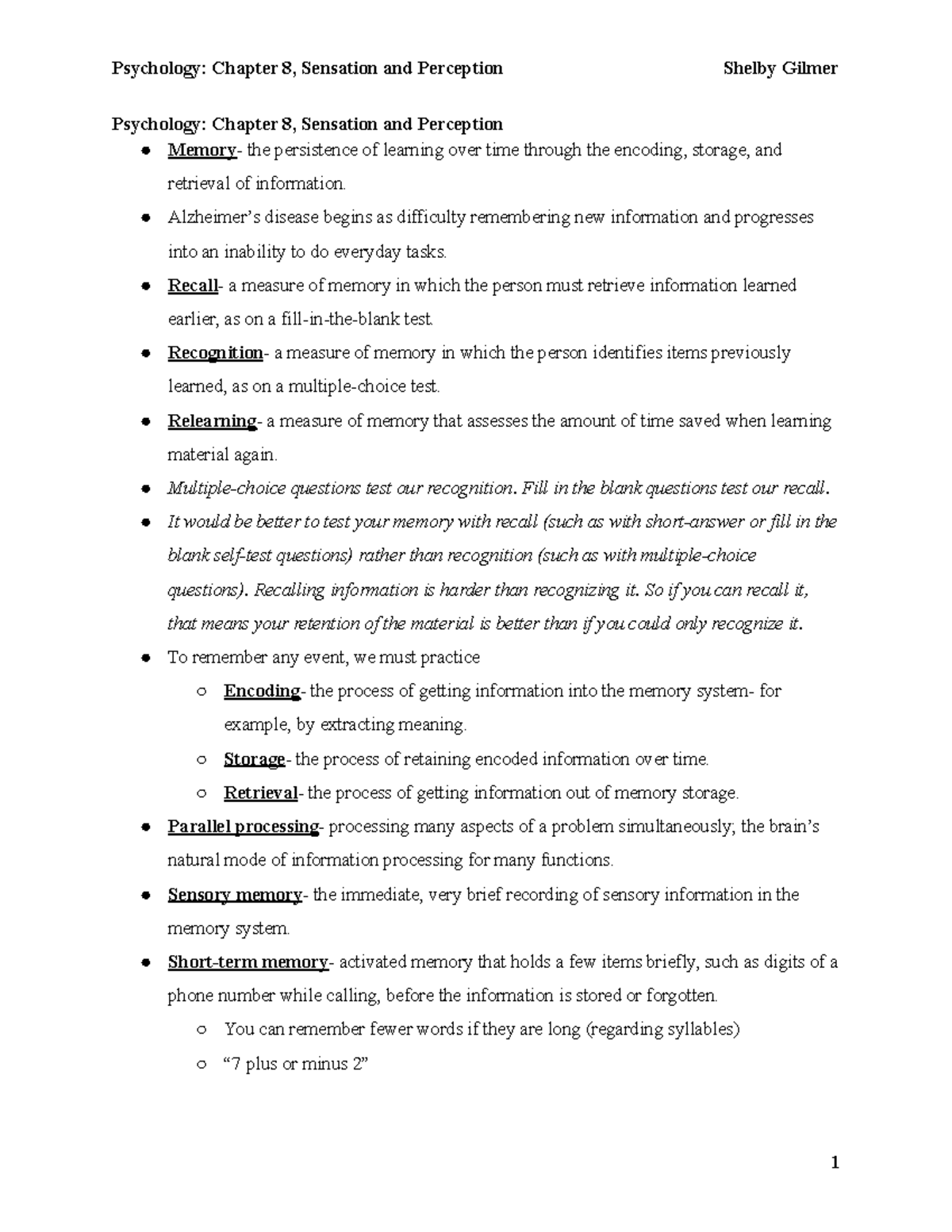 Psychology: Chapter 8, Sensation and Perception - Psychology: Chapter 8 ...
