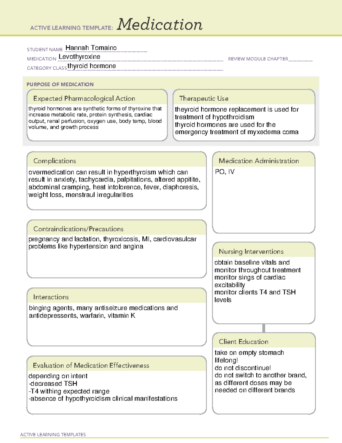 Levothyroxine - ACTIVE LEARNING TEMPLATES Medication STUDENT NAME - Studocu