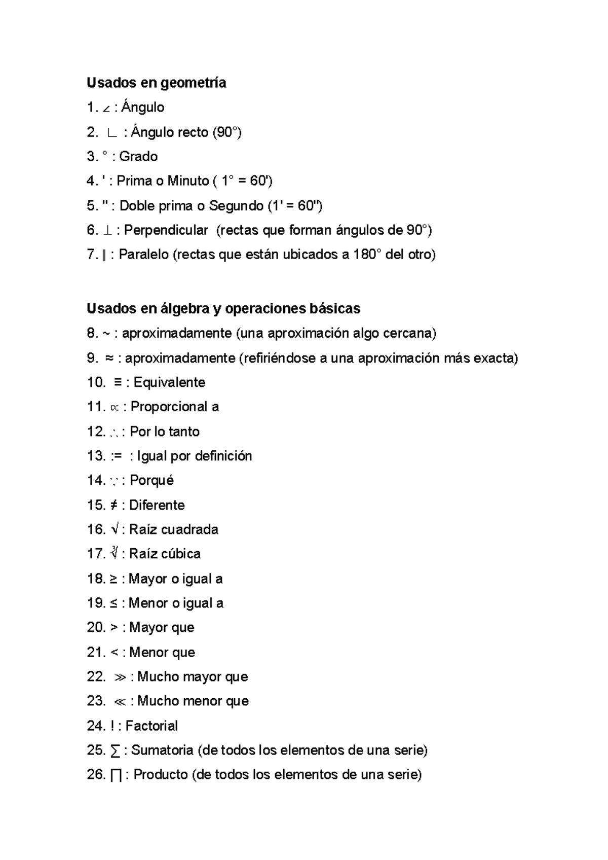 100 simbolos - Usados en geometría ∠ : Ángulo ∟ : Ángulo recto (90 ...