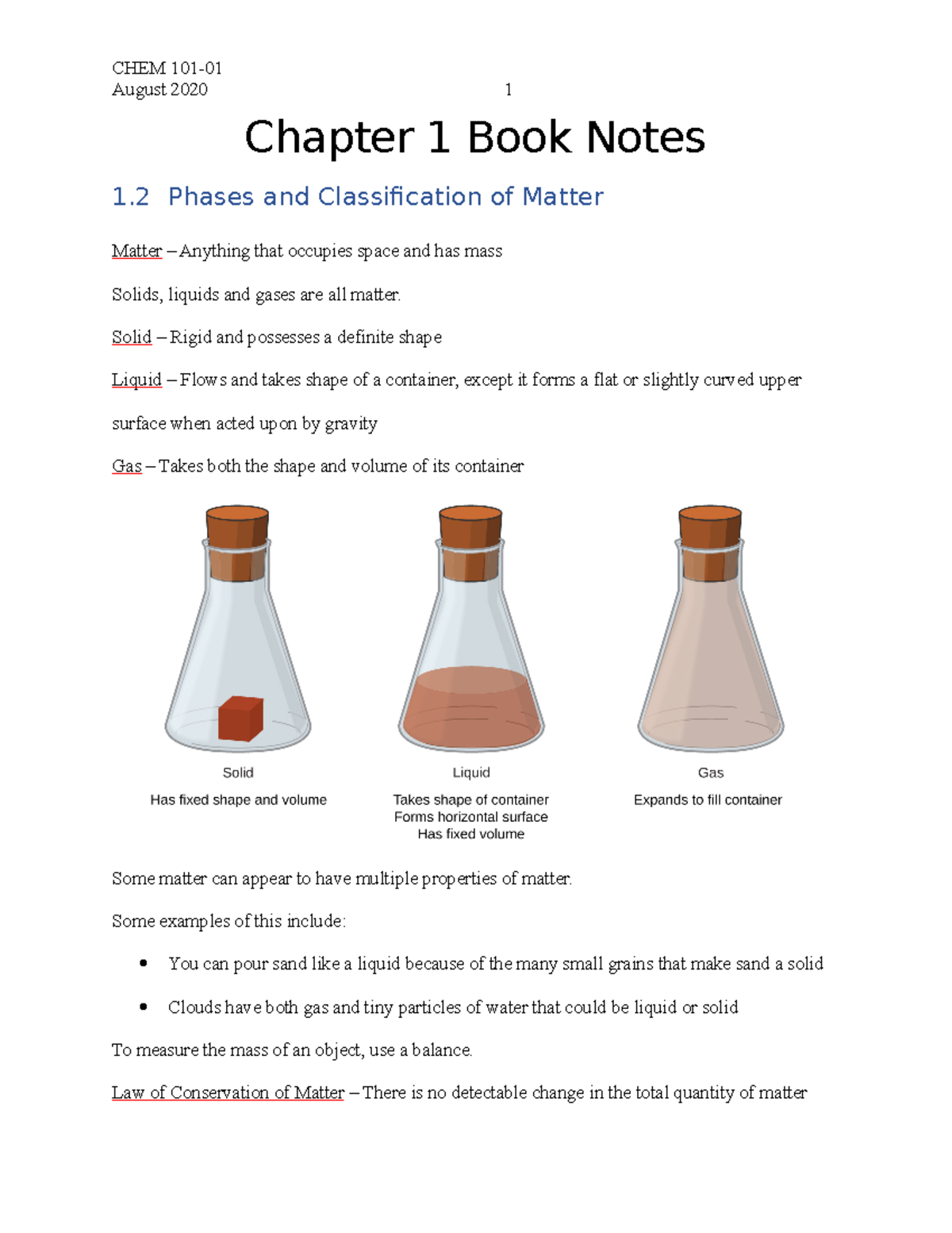 CHEM 101 Chapter 1 Book Notes - CHEM 101- August 2020 1 Chapter 1 Book ...